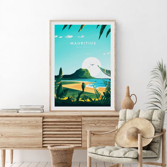 Mauritius traditional travel print, Mauritius poster, Indian Ocean poster, Birthday present, Wedding gift
