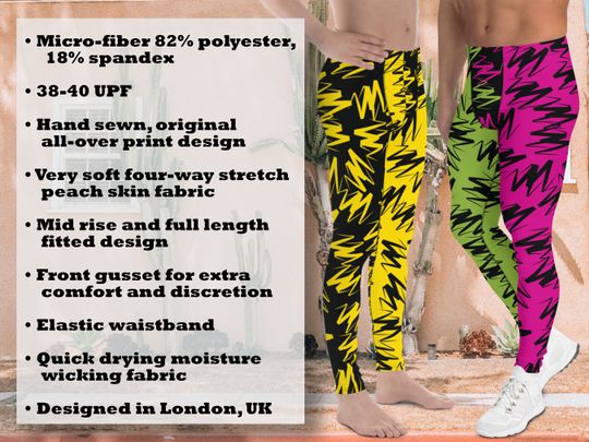 Mens Leggings Color Block, Spandex Long Tights, Wrestling Style Zigzag Patterned Meggings