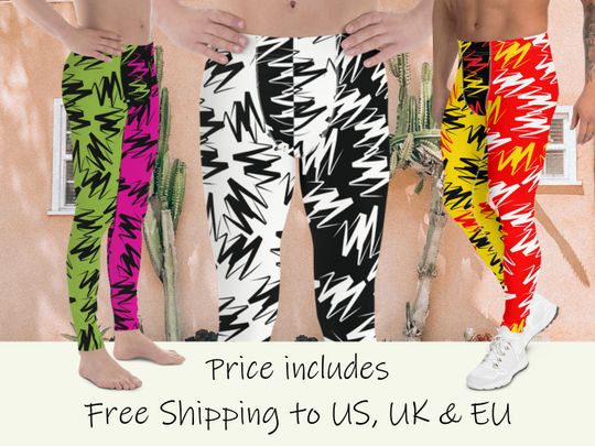 Mens Leggings Color Block, Spandex Long Tights, Wrestling Style Zigzag Patterned Meggings