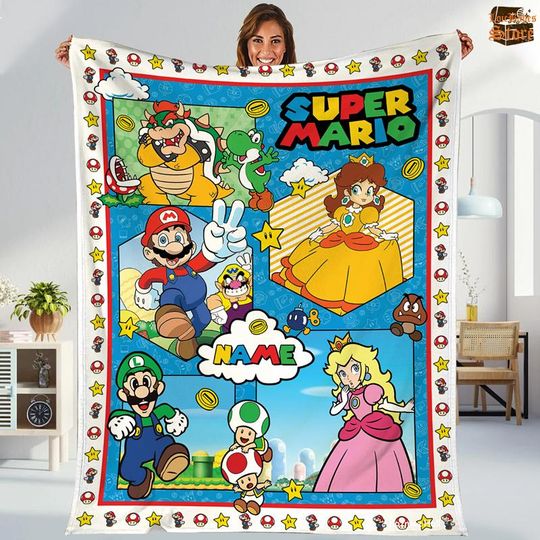 Personalized Super Mario Blanket, Custom Name Mario Blanket, Super Mario Blanket