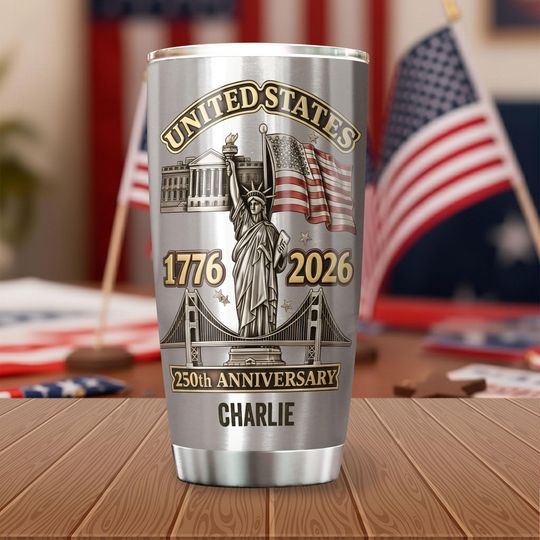 Personalized 2D Flat USA 250th Anniversary 20 OZ Tumbler, Custom Name Patriotic Stainless Steel Cup, 17762026 America Independence Gift