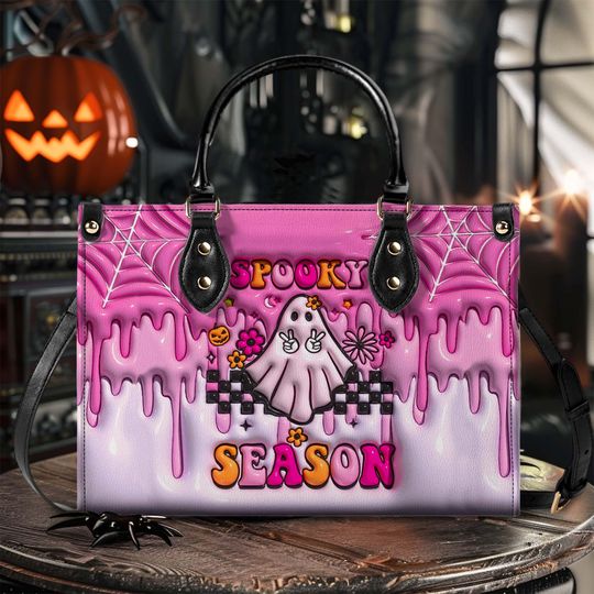 Spooky Vibe Print 3D Effect Leather Handbag With Handle, Ghost Pumpkin Bags, Wallet, Print 3D Halloween Bags, Trick Or Treat Halloween Bags