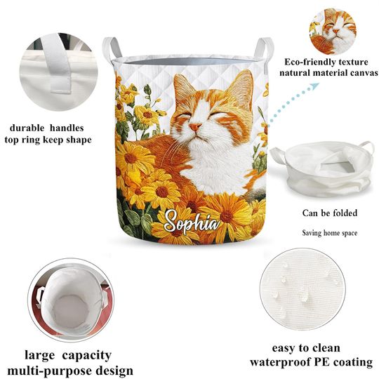 Custom Cute Kitten Laundry Basket, Floral Cat Decor Hamper, Kitty Laundry Bin, Cat Lover Bathroom & Laundry Decor, Flower Cat Basket Decor