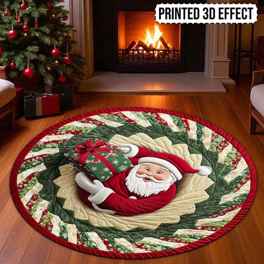 3D Printed Christmas Santa Claus Rug, Round Welcome Mat for Indoor & Outdoor Decor