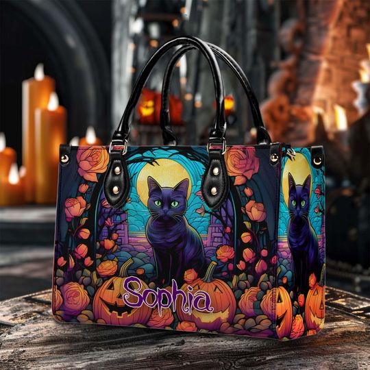 Stained Glass Halloween Leather Handbag With Handle, Halloween Black Cat Handbag, Halloween Raven Handbag