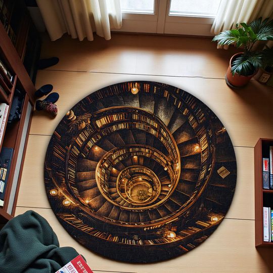 3D Effect Printed Vintage Library Round Rug for Book Lovers, Librarians, Reading Room Indoor Decor