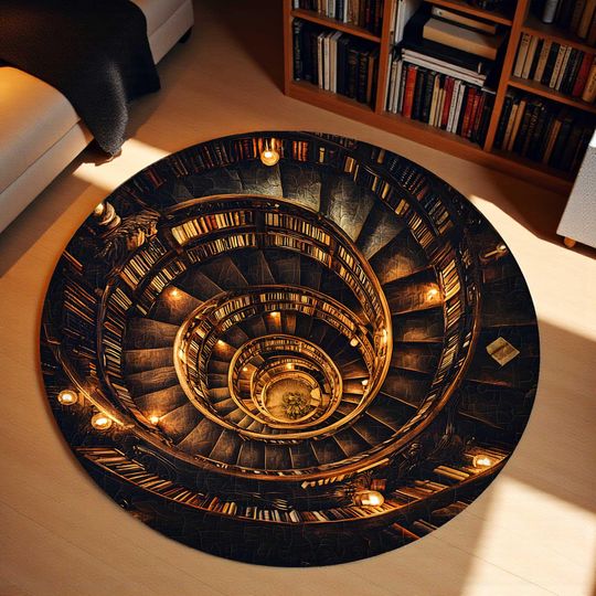 3D Effect Printed Vintage Library Round Rug for Book Lovers, Librarians, Reading Room Indoor Decor