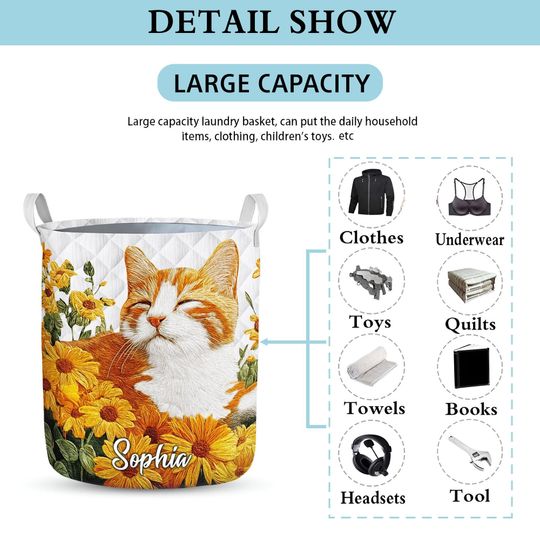 Custom Cute Kitten Laundry Basket, Floral Cat Decor Hamper, Kitty Laundry Bin, Cat Lover Bathroom & Laundry Decor, Flower Cat Basket Decor