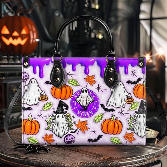 Spooky Vibe Print 3D Effect Leather Handbag With Handle, Ghost Pumpkin Bags, Wallet, Print 3D Halloween Bags, Trick Or Treat Halloween Bags