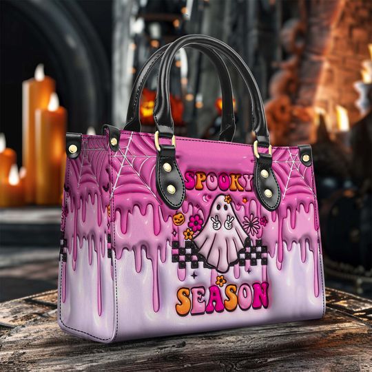 Spooky Vibe Print 3D Effect Leather Handbag With Handle, Ghost Pumpkin Bags, Wallet, Print 3D Halloween Bags, Trick Or Treat Halloween Bags