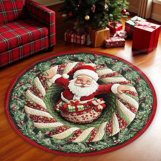 3D Printed Christmas Santa Claus Rug, Round Welcome Mat for Indoor & Outdoor Decor
