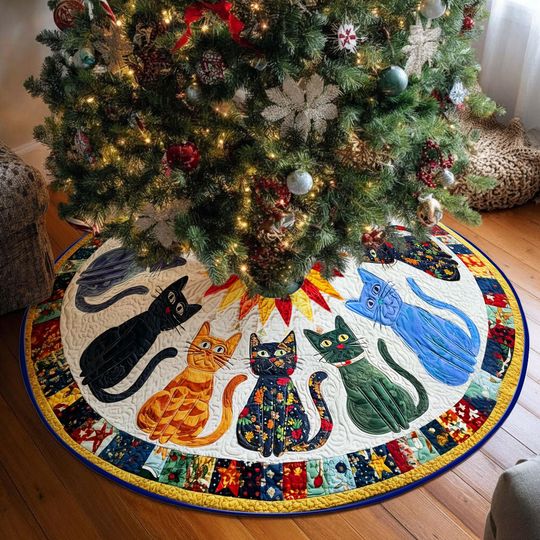 Cat Lover Quilted Christmas Tree Skirt for Holidays