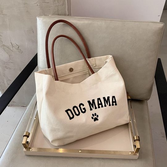 Canvas Tote Bag with Leather Handles - Dog Mom Gift - Dog Mama Tote Bag - Birthday and Mother's Day Gift