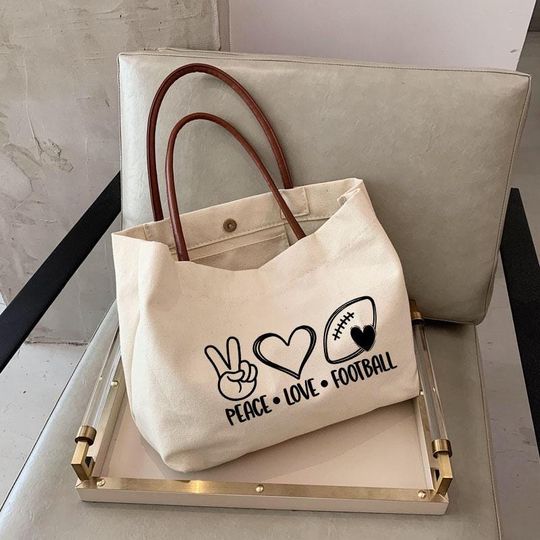 Football Mom Canvas Tote Bag with Leather Handles - Mother’s Day Gift