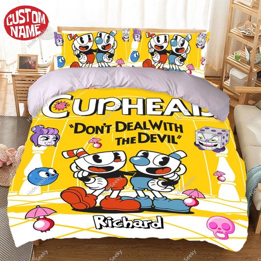 Cuphead Bedding Set, Gamer Blanket, Cuphead and Mugman Birthday Bedding Set