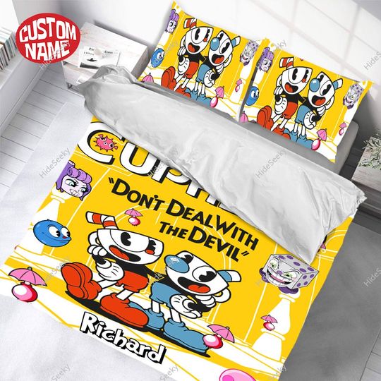 Cuphead Bedding Set, Gamer Blanket, Cuphead and Mugman Birthday Bedding Set