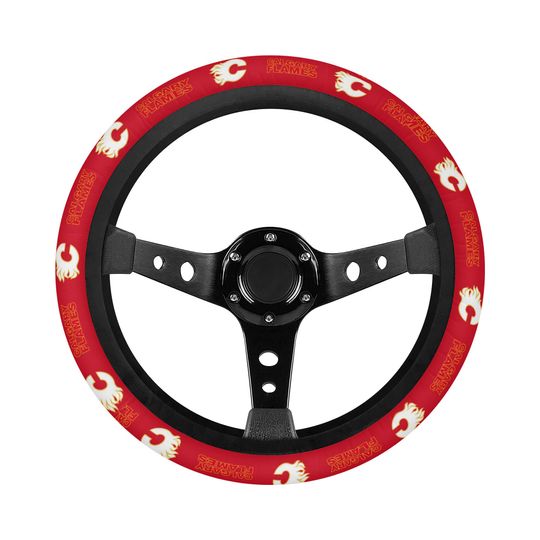 Calgary Flames themed steering wheel cover for a fan