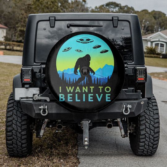 I Want To Believe Spare Tire Cover with or without Camera Hole, Sasquatch Tire Cover, Hiking Camping Camper Gift for RV, Funny UFO Alien Tire Cover