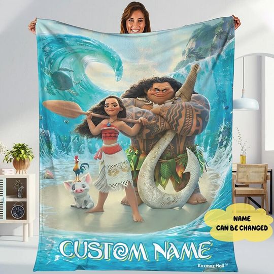 Personalized Moana Princess Blanket, Custom Name Princess With Pig Chicken Beach Blanket, Magic Kingdom Characters Blanket, Princess Blanket
