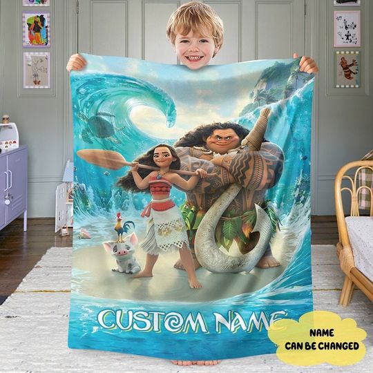 Personalized Moana Princess Blanket, Custom Name Princess With Pig Chicken Beach Blanket, Magic Kingdom Characters Blanket, Princess Blanket