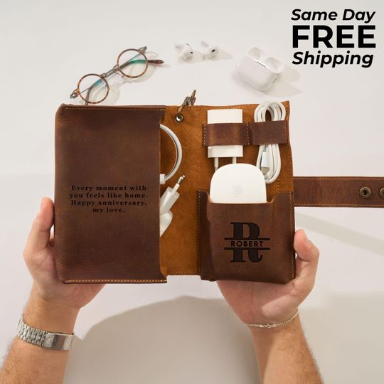 Handmade Leather Charger Holder with Cable Organizer, Custom Engraved Leather Wallet for Men, Christmas Gift for Dad, Husband, Boyfriend