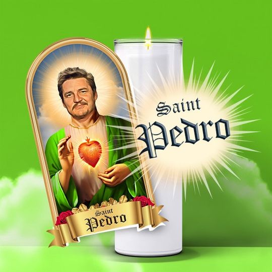 Saint Pedro Pascal Prayer Candle Sticker, Parody, Devotional, Novelty, Funny Celeb Prayer Candle Label