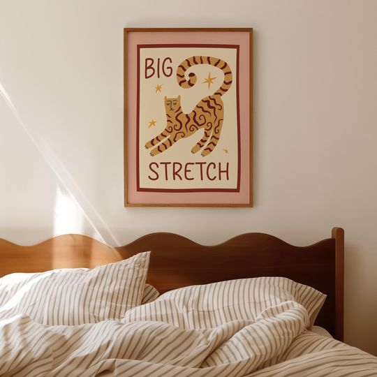 Pink Cat 'Big Stretch' Art Print: Bedroom Decor