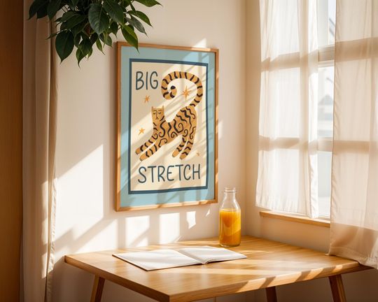 Pink Cat 'Big Stretch' Art Print: Bedroom Decor