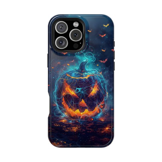 Haunted Jack-o'-Lantern iPhone Case, Cosmic Halloween Pumpkin Cover with Bats and Webs