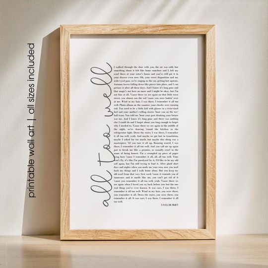 All Too Well Printable Poster | Taylorr Swiftts Song Lyrics Art | Inspirational taylorr version Decor
