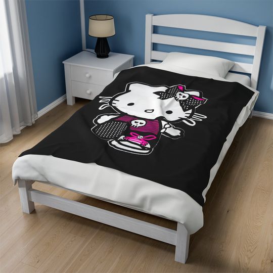 Punk Hello Kitty Fleece Blanket with Goth Cartoon Kitty Design