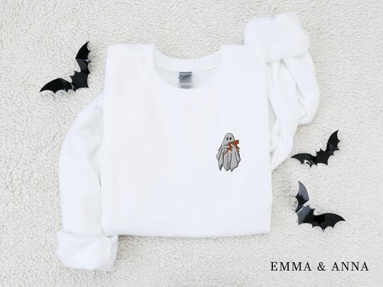 Embroidered Ghost Sweatshirt, Halloween Sweatshirt, Orange Cat, Fall Sweatshirt for Women
