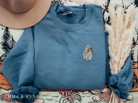 Embroidered Ghost Sweatshirt, Halloween Sweatshirt, Orange Cat, Fall Sweatshirt for Women