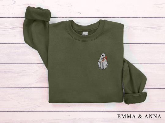 Embroidered Ghost Sweatshirt, Halloween Sweatshirt, Orange Cat, Fall Sweatshirt for Women