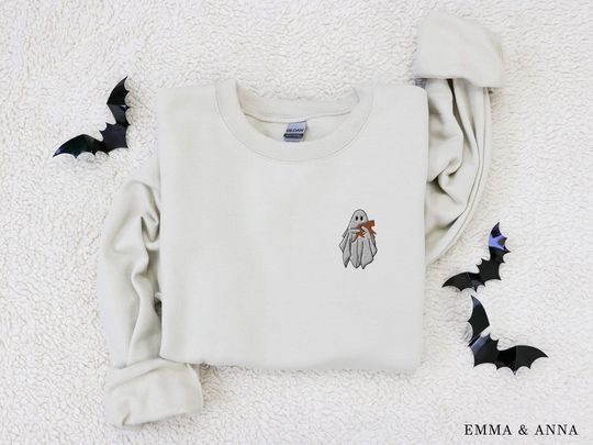 Embroidered Ghost Sweatshirt, Halloween Sweatshirt, Orange Cat, Fall Sweatshirt for Women