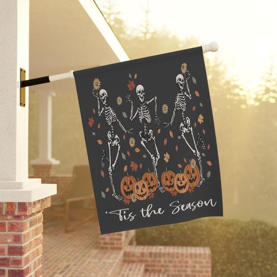 Fall Pumpkin Skeleton Garden Flag, Halloween Decor, Dancing Skeleton Porch Banner
