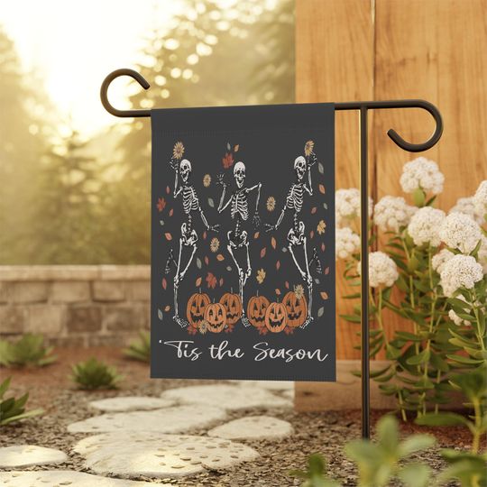 Fall Pumpkin Skeleton Garden Flag, Halloween Decor, Dancing Skeleton Porch Banner