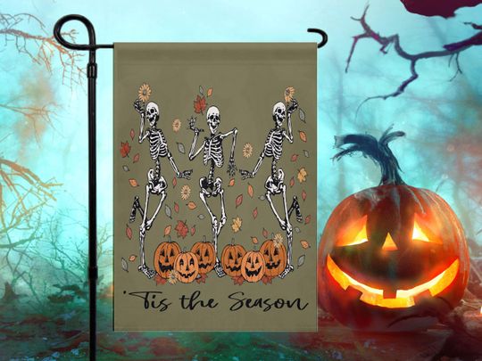 Fall Pumpkin Skeleton Garden Flag, Halloween Decor, Dancing Skeleton Porch Banner
