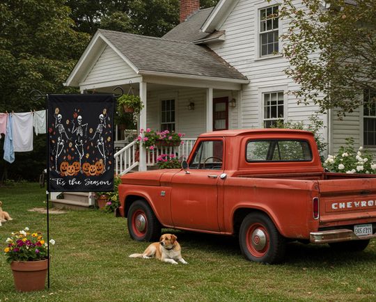 Fall Pumpkin Skeleton Garden Flag, Halloween Decor, Dancing Skeleton Porch Banner