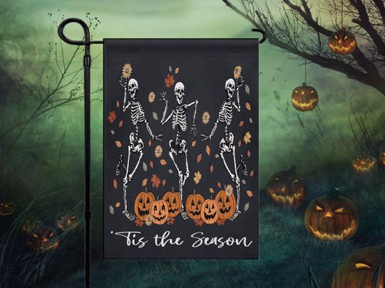 Fall Pumpkin Skeleton Garden Flag, Halloween Decor, Dancing Skeleton Porch Banner