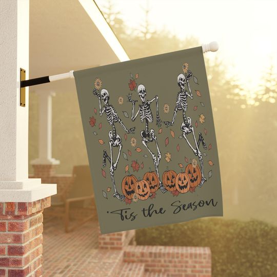 Fall Pumpkin Skeleton Garden Flag, Halloween Decor, Dancing Skeleton Porch Banner