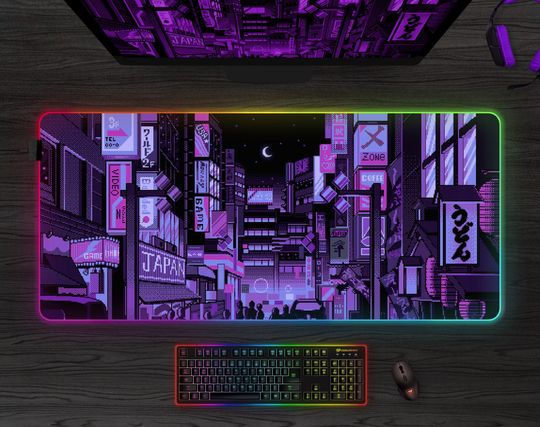 Neon Tokyo desk mat RGB, LED gaming mousepad, Extra wide large gamers keyboard deskmat