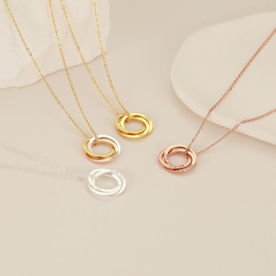 Interlocking Circle Necklace with Engraved Name Date Coordinates Roman Numerals Custom Family Jewelry for Her Couples