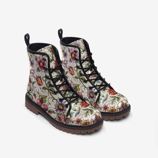 Beige Floral Print Casual Vegan Leather Boots