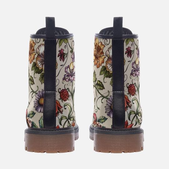 Beige Floral Print Casual Vegan Leather Boots