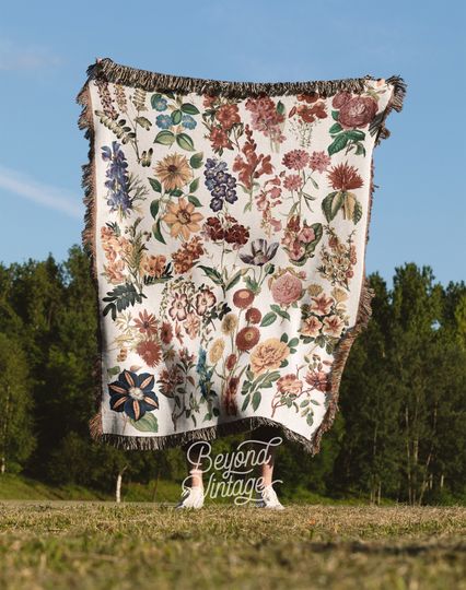 Vintage Wildflower Woven Blanket, Cotton Woven, Large Botanical Picnic Blanket Gift for Her, Maximalist Cottagecore Decor