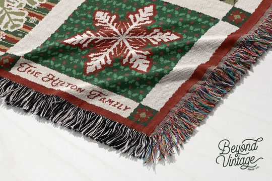 Traditional Christmas Patchwork Snowflake Blanket, Custom Family Name Woven Holiday Throw, Cottagecore 100% Cotton , Gift For Best Friend