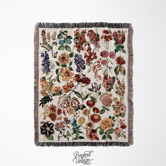 Vintage Wildflower Woven Blanket, Cotton Woven, Large Botanical Picnic Blanket Gift for Her, Maximalist Cottagecore Decor