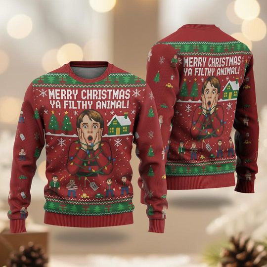 Merry Christmas Ya Filthy Animal, Funny Christmas Ugly Sweater, Party Outfit Movie Xmas Sweater, Christmas 90s Movie Sweatshirt Gifts