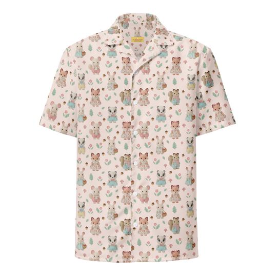 Cozy Critters Blush Button Up | &nbsp;Unisex Oversized Hawaiian Shirt | Critter, Kidcore, Cottagecore, Novelty Top, Blind Box, Unique Kawaii Gift